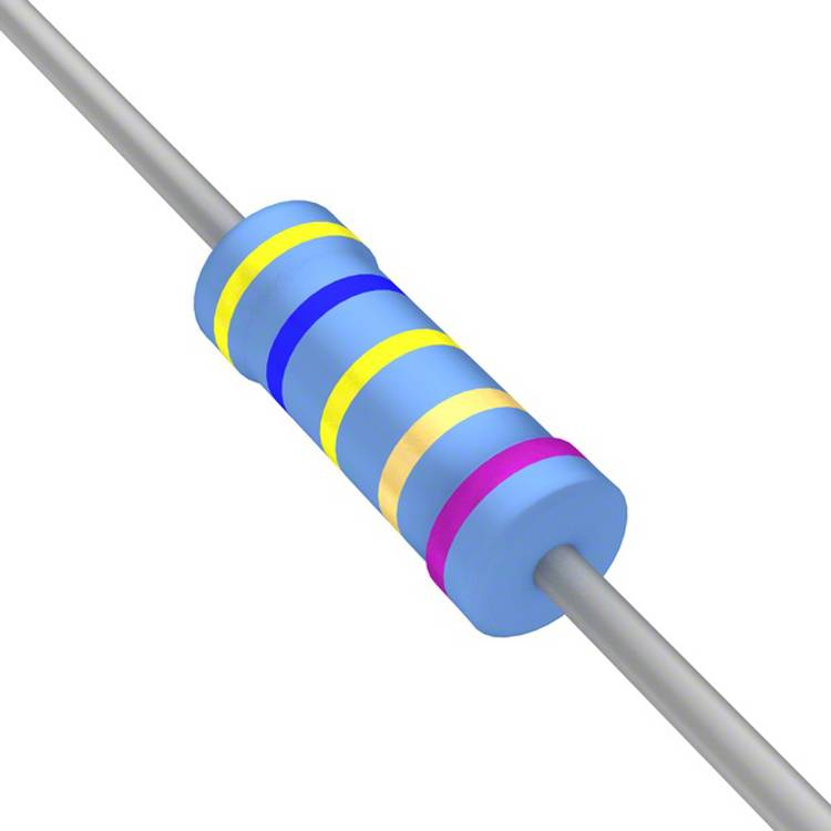 Ein Widerstand mit vier farbigen Bändern: blau, gelb, rosa und blau. Er wird in elektronischen Schaltkreisen verwendet, um den Stromfluss zu reduzieren.