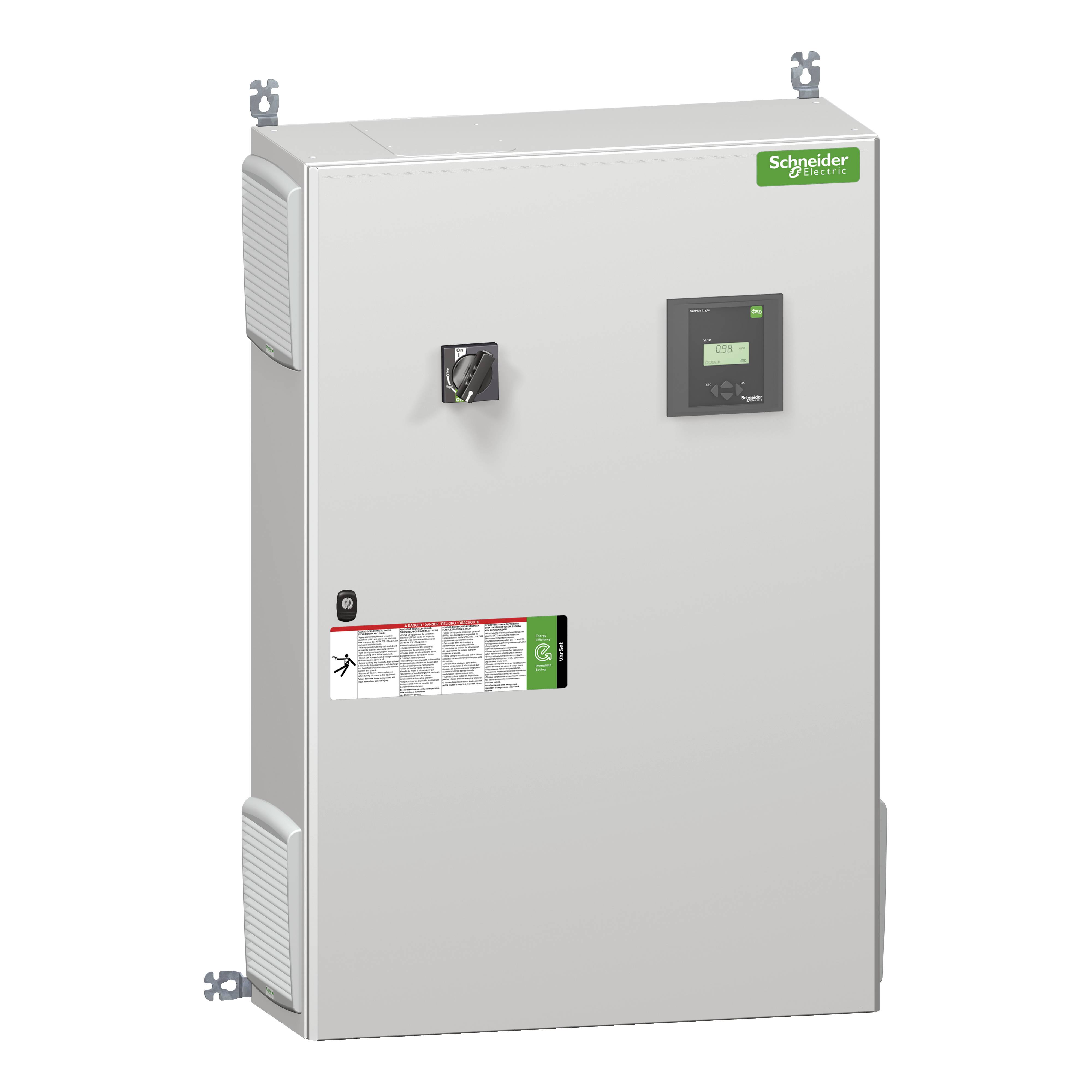 Elektrogehäuse mit Schneider Electric Logo, Türgriff und digitalem Display; dient zur Steuerung und Regulierung elektrischer Systeme.