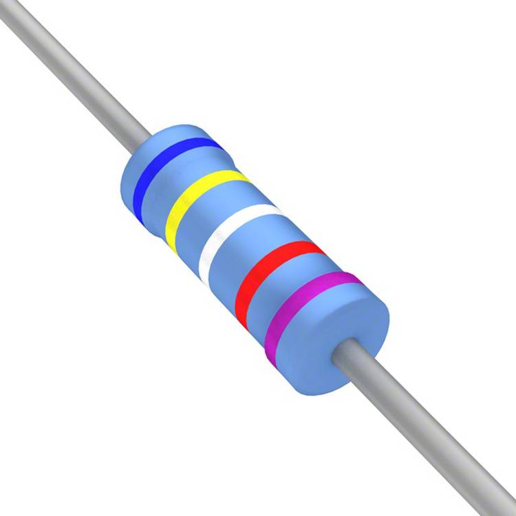Ein Widerstand mit farbigen Bändern: blau, gelb, rot, weiß und rosa. Diese Bänder zeigen den Wert des Widerstands und die Toleranz an.