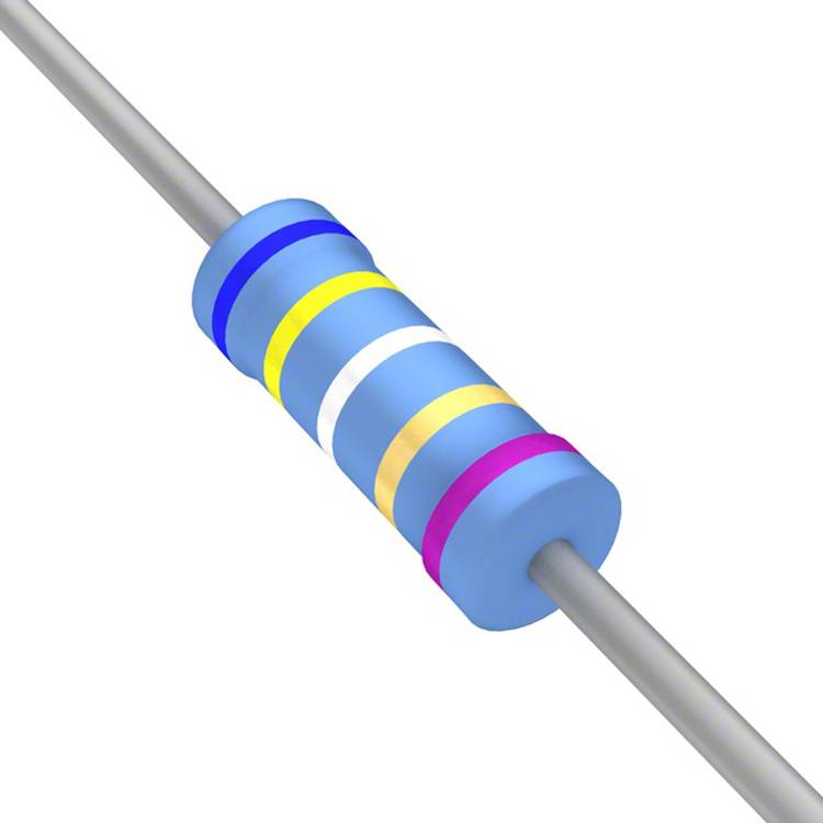Bild eines Widerstands mit Farbringen: blau, gelb, braun, weiß, rosa. Diese Ringe stellen die Spezifikationen des Widerstands dar.