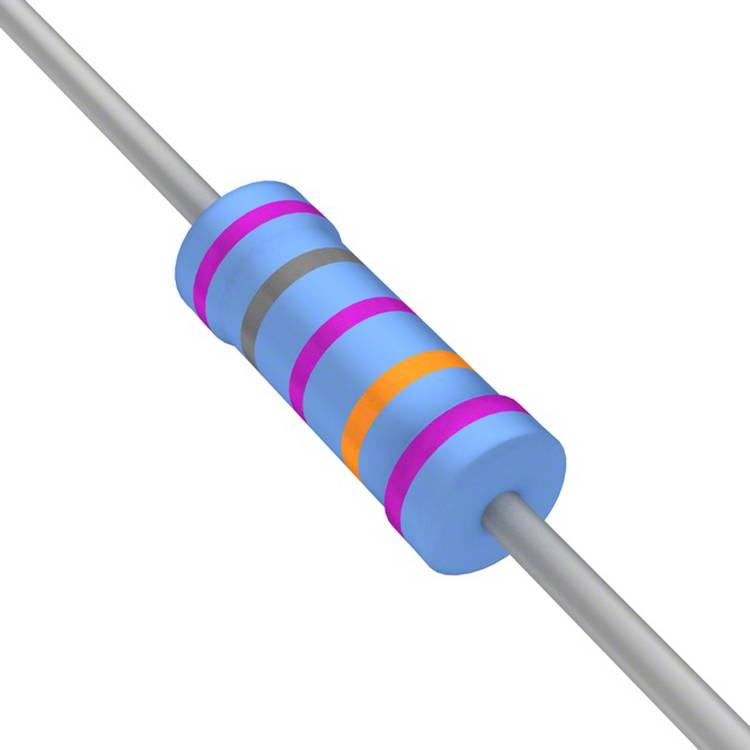 Ein blauer zylindrischer Widerstand mit farbigen Bändern, die den Widerstandswert anzeigen, montiert auf zwei Metalldrahten.