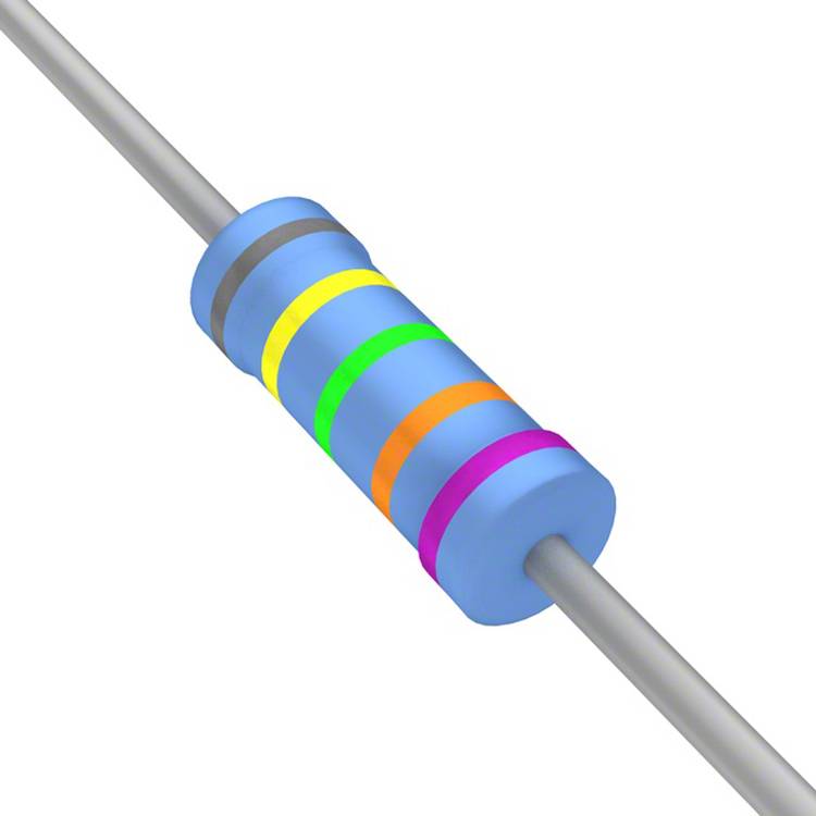 Ein Widerstand mit Farbbändern: braun, schwarz, grün, blau und violett, die seinen Widerstandswert und seine Toleranz angeben.