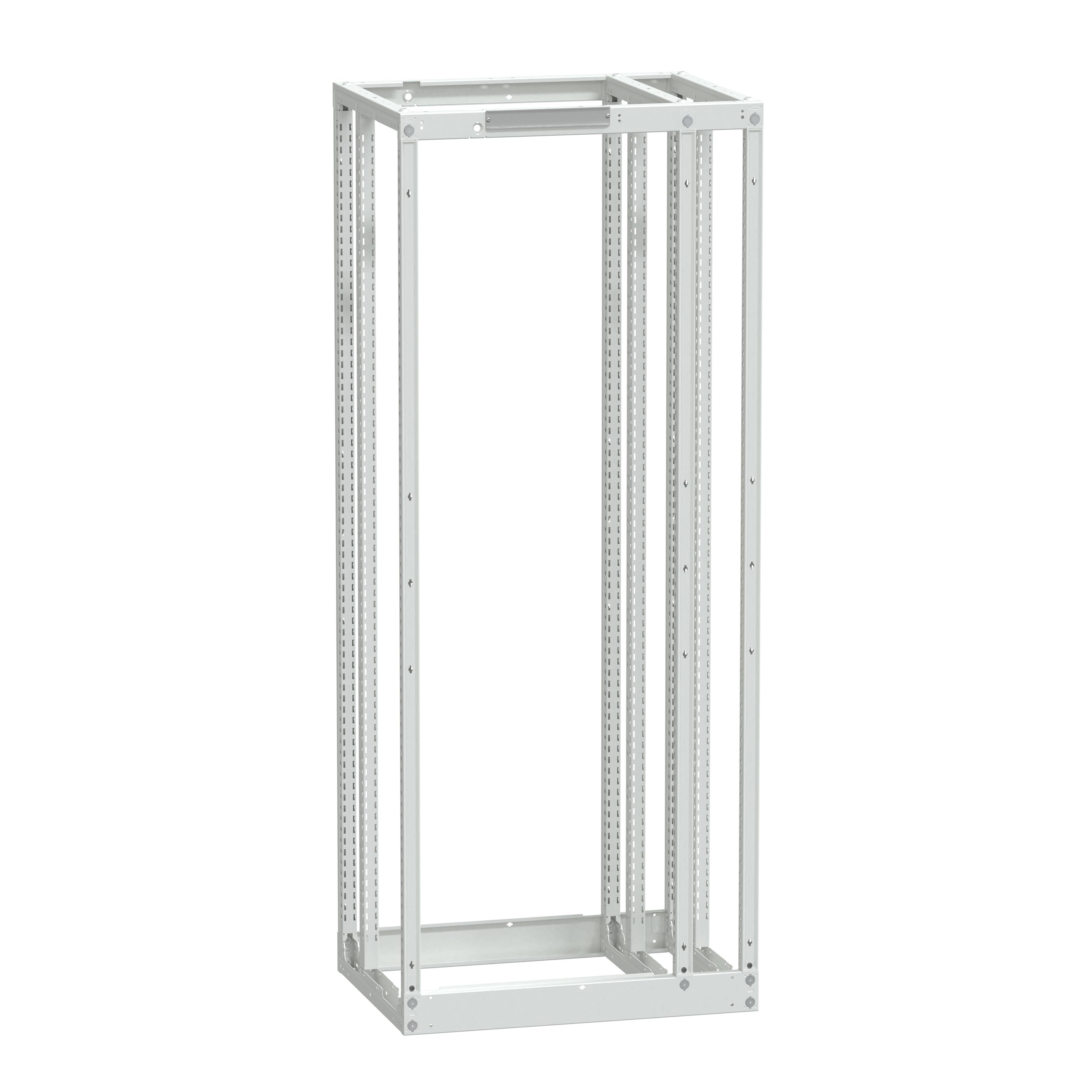 Metallrahmen eines offenen Serverracks ohne Abdeckungen und Ausstattung, zeigt das Grundgerüst eines Gerätegehäuses.