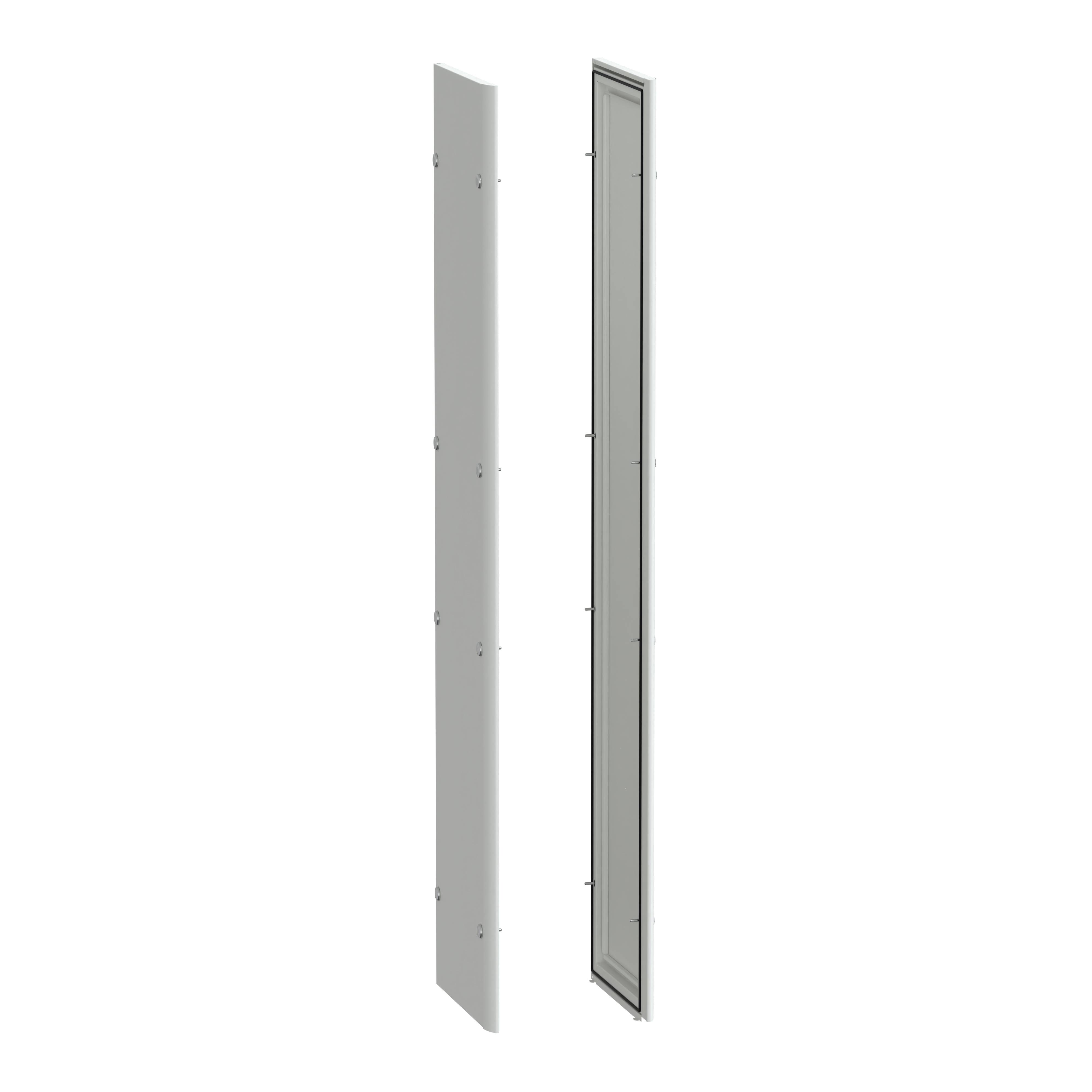 Zwei vertikale Metallpaneele, eine zeigt die Vorderseite, die andere die Rückseite mit sichtbaren Befestigungselementen.