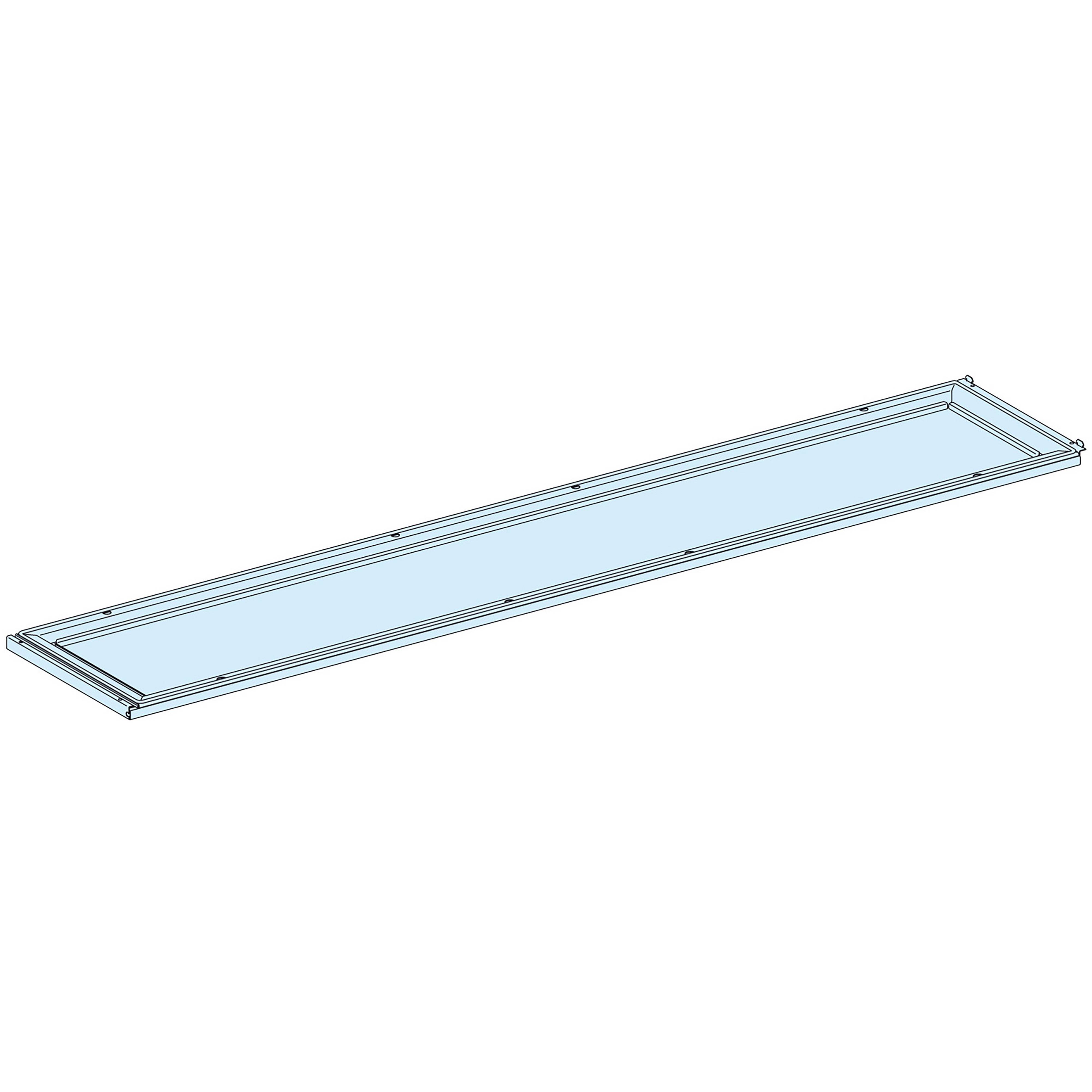 Ein langes, rechteckiges, blaues Glasfenster mit einem schmalen Metallrahmen dargestellt aus einer diagonalen Perspektive.