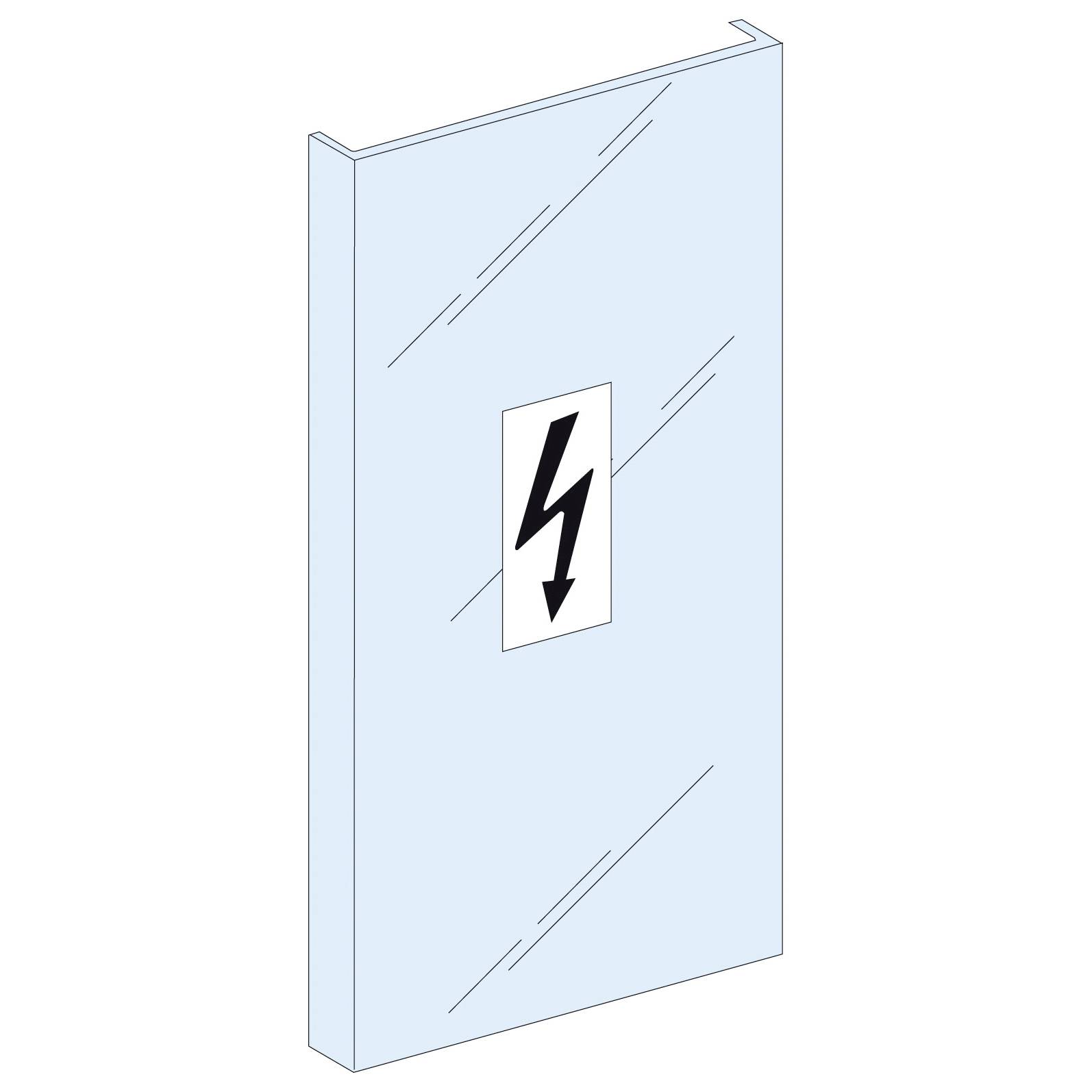 Ein blaues Schild mit einem schwarzen Blitzsymbol in der Mitte, das auf elektrische Gefahr hinweist.