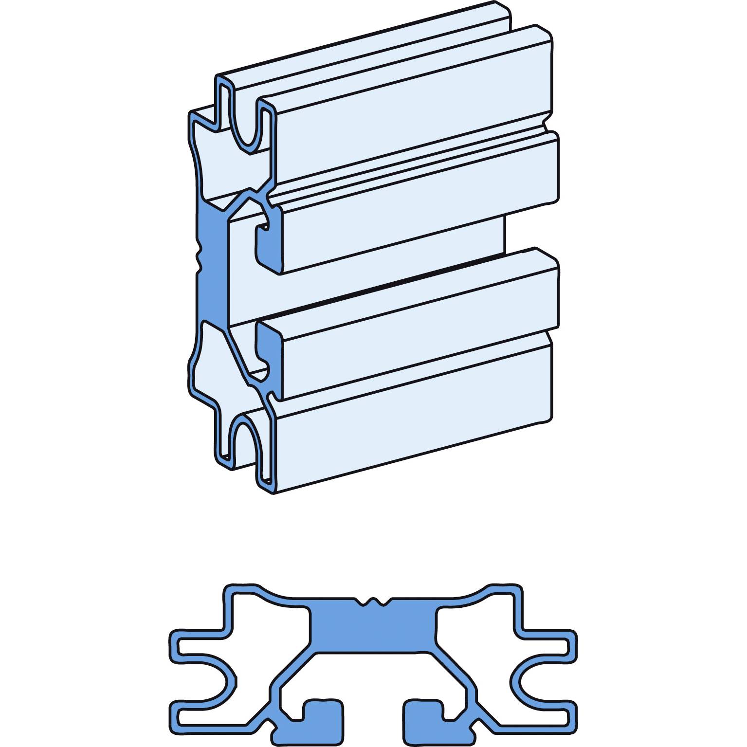 Profilzeichnung eines Aluminiumprofils mit T-Nuten, seitlicher und Querschnittsansicht, zur Stabilisation und Verbindung in Konstruktionssystemen.