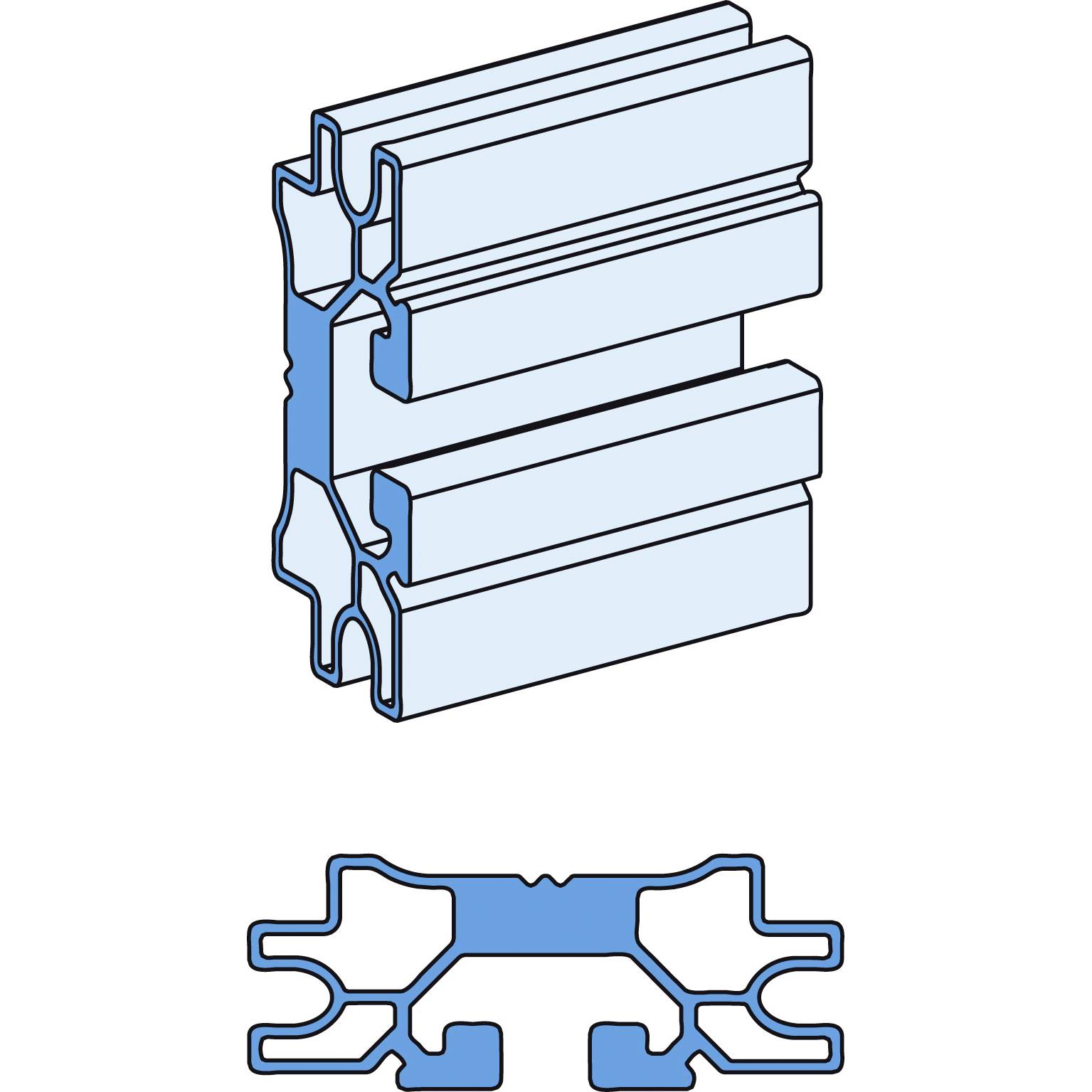 Technische Zeichnung eines Aluminiumprofils in blau mit Querschnittansicht darunter, zeigt Verzahnungen und Hohlräume.