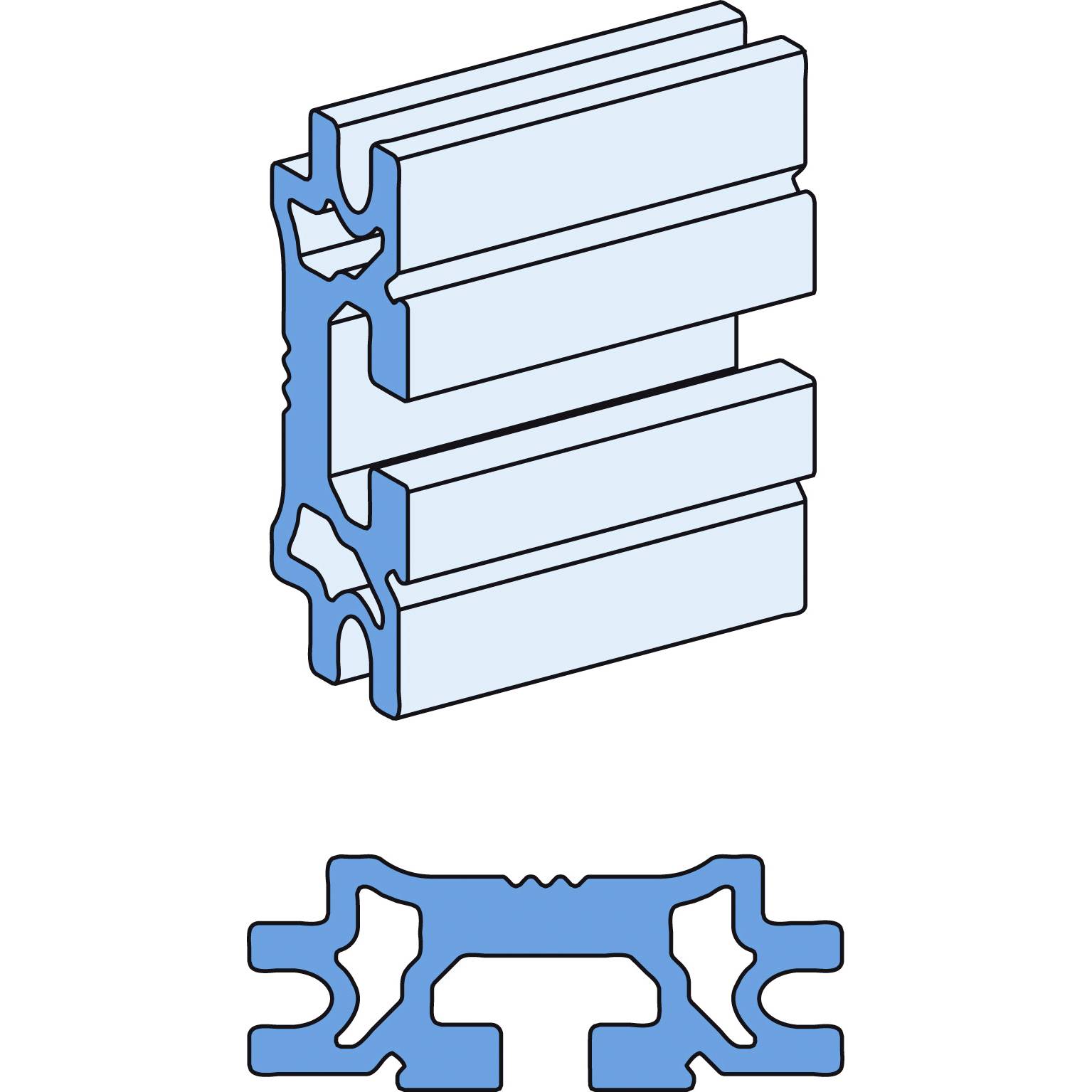 Blaues Aluminiumprofil mit Querschnittszeichnung unten. Profil zeigt Schlitze für Verbindungselemente, Querschnitt kompliziert.