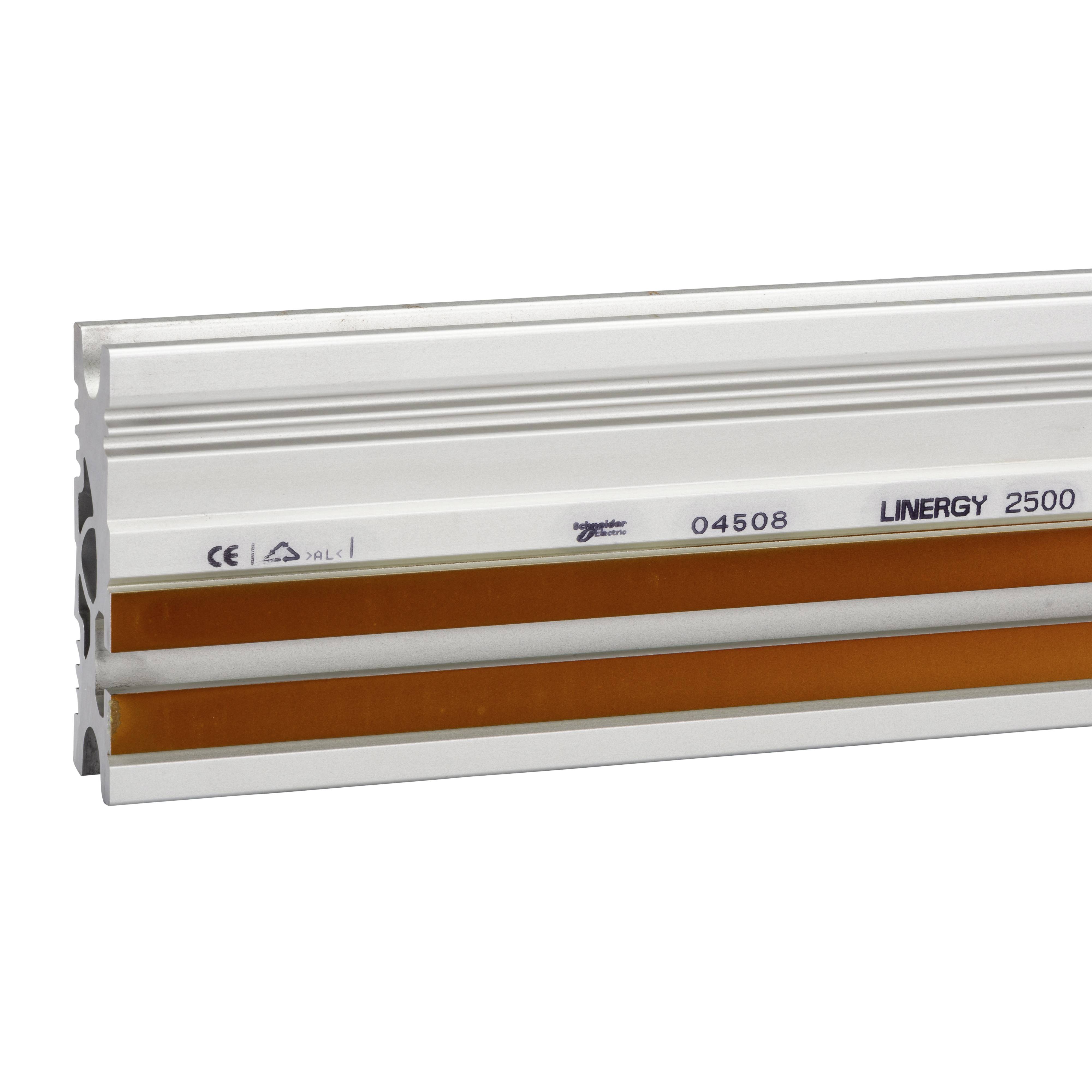 'Linergy 2500' Aluminium-Modul mit orangefarbenen Streifen, geeignet für elektrische Anwendungen. Herstellerlogo und Nummer sichtbar.