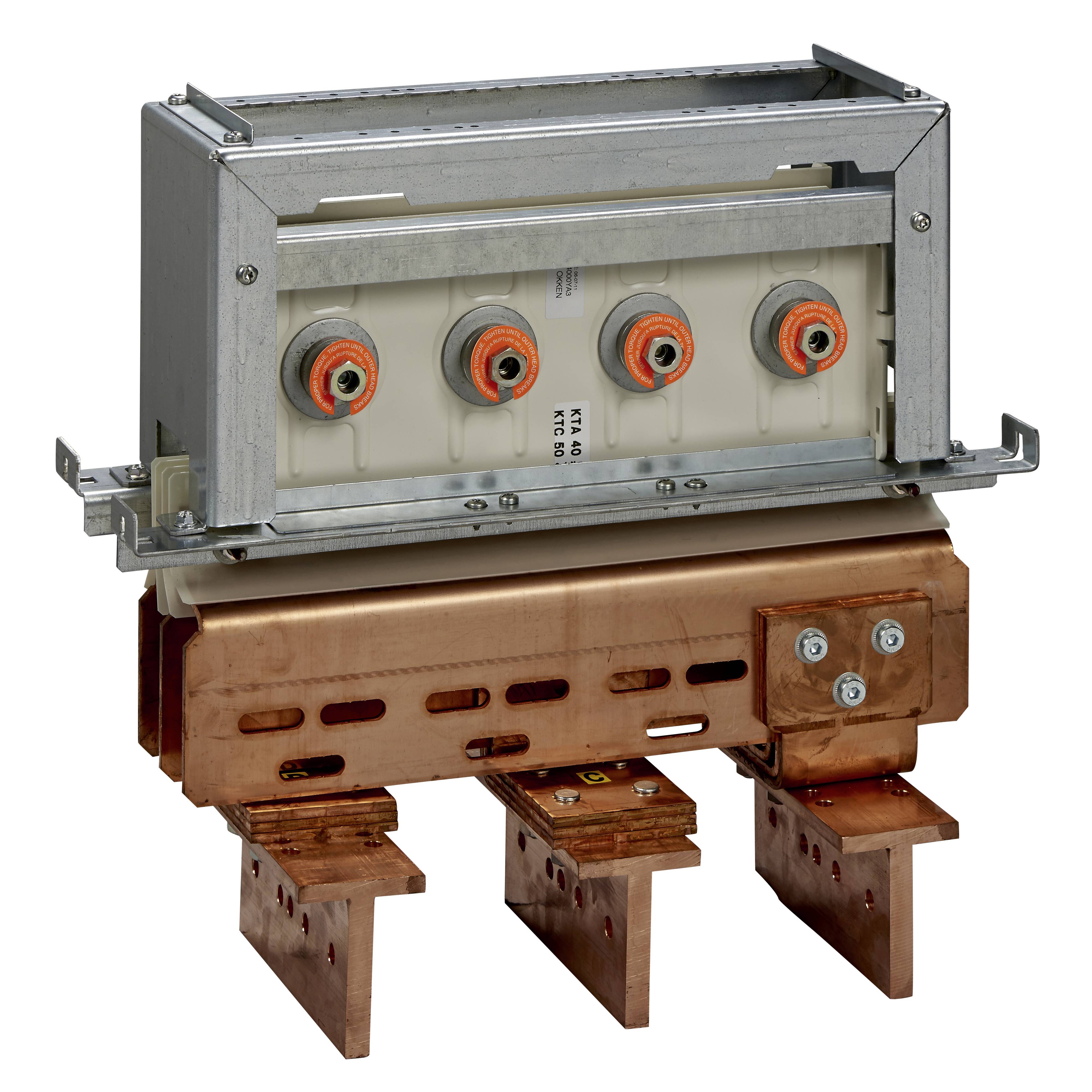 Ein rechteckiges elektrisches Gerät mit einer Metallstruktur und Kupferanschlüssen, verwendet zur Stromverteilung in industriellen Anwendungen.