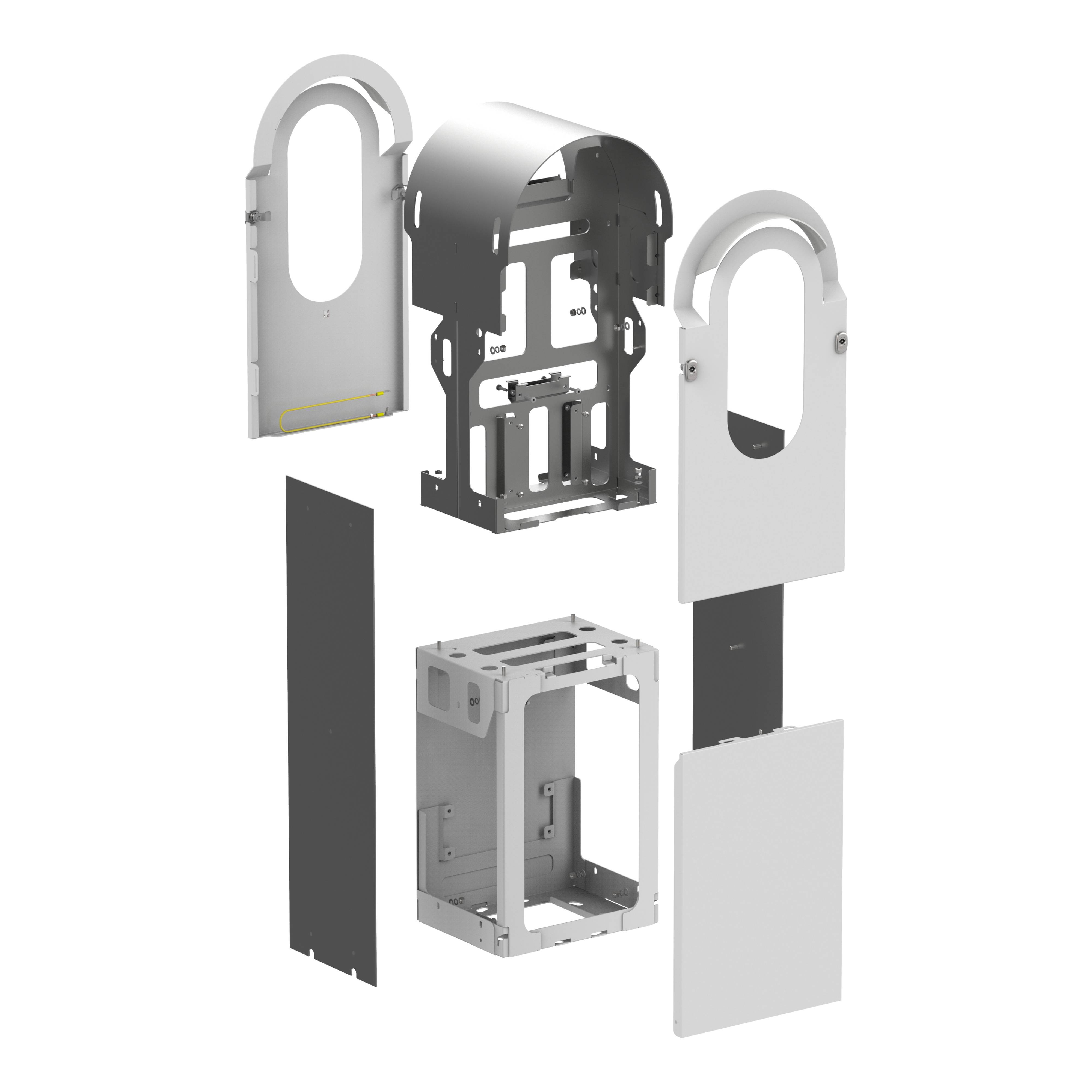 Explodierte Darstellung eines Gehäuses mit fünf Komponenten in Einzelteilen: Vorderseite, Rückseite, Seitenwände und innerer Rahmen.