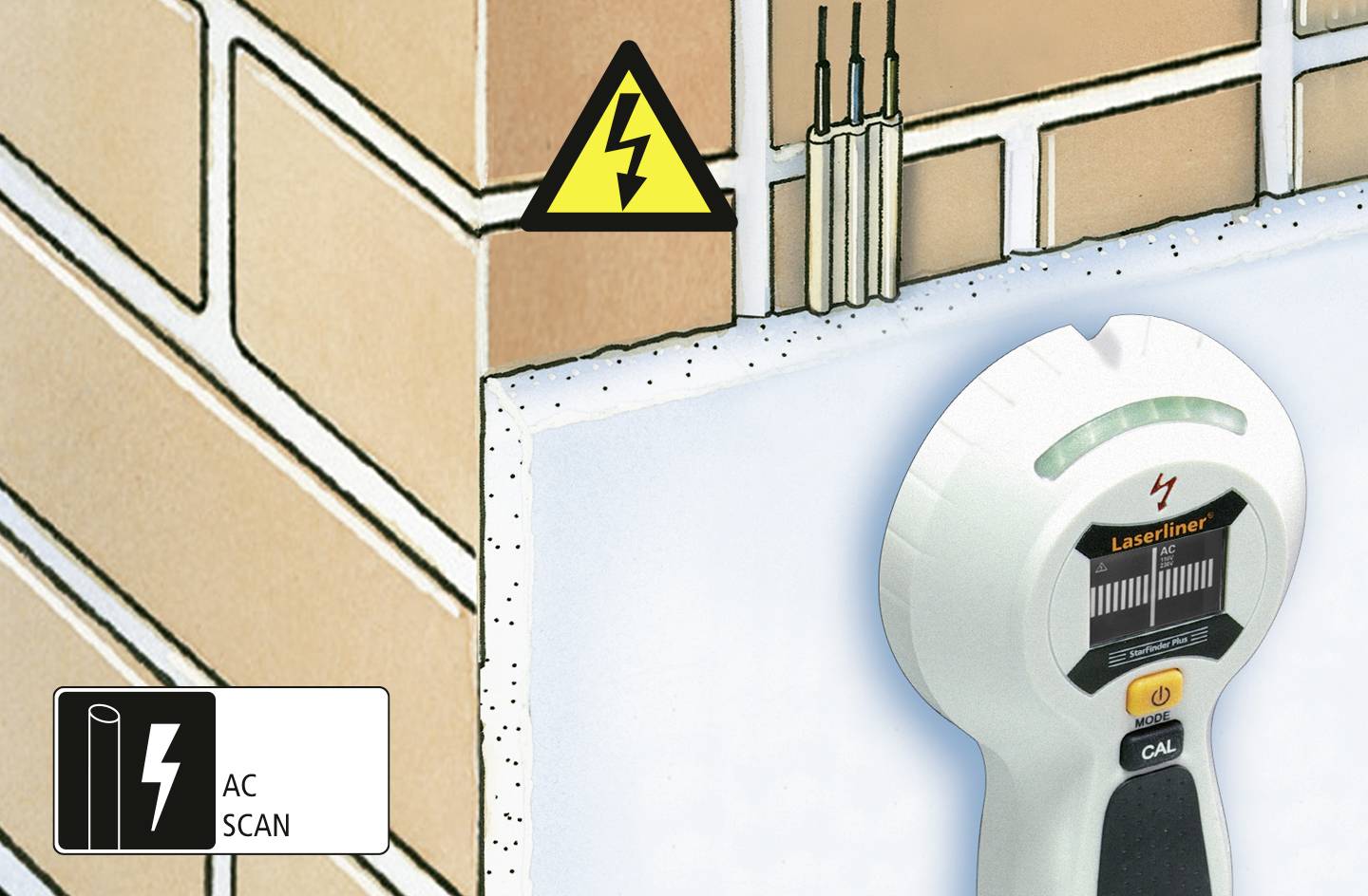 Ein Wand-Detektor zeigt die Position elektrischer Leitungen hinter einer Wand an. Ein Warnschild weist auf Stromgefahr hin.