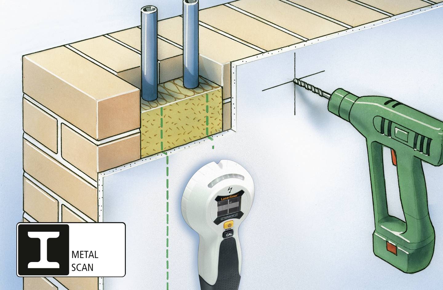 Illustration zeigt einen Wandabschnitt mit zwei Rohren in der Mitte. Ein Gerät scannt die Wand nach Metall.