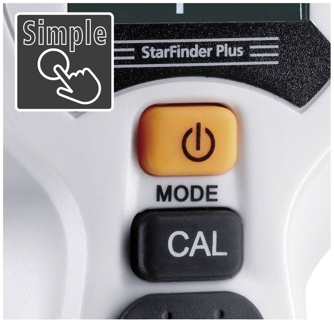 Nahaufnahme eines Geräts mit den Tasten 'MODE', 'CAL' und einer orangefarbenen Ein/Aus-Taste. Links oben ein Symbol mit 'Simple'.