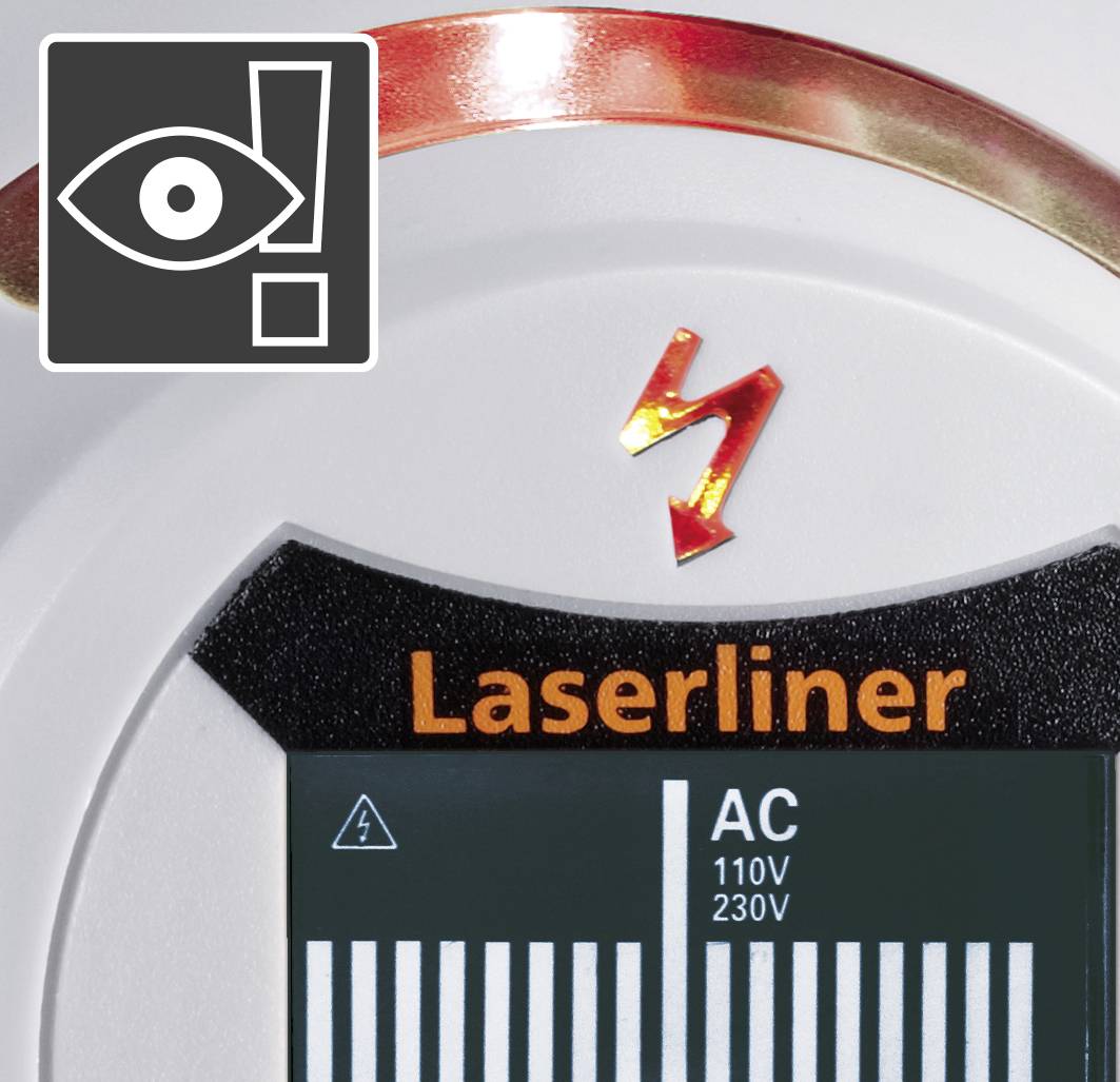 Symbol für Augengefährdung neben Gerät mit Anzeige: Laserliner, 110V/230V, Warnzeichen für elektrischen Schlag oben.