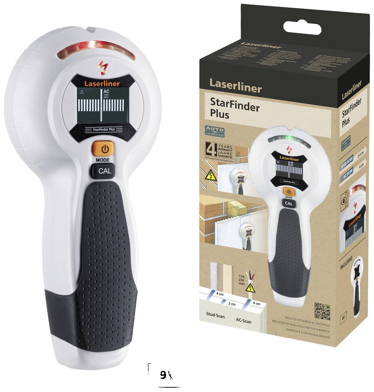 Ein elektronischer Metallsucher und seine Verpackung. Das Gerät zeigt Balkenanzeige zur Kalibrierung. Auf der Verpackung sind Anwendungsbeispiele abgebildet.
