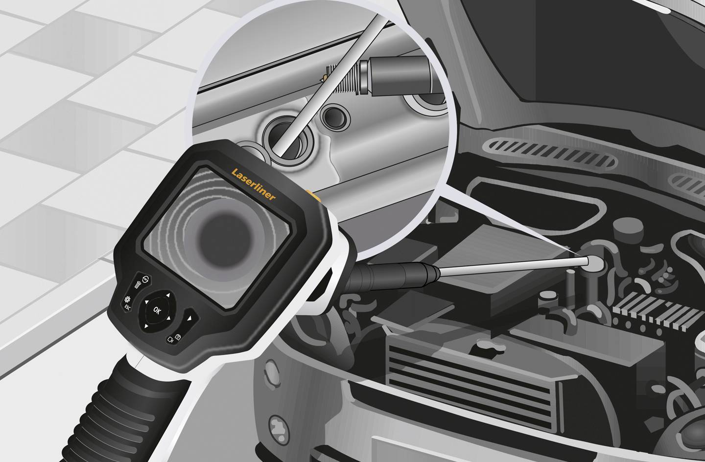 Endoskopkamera inspiziert den Motor eines Autos. Der Bildschirm zeigt eine Nahaufnahme des Motorteils, das überprüft wird.