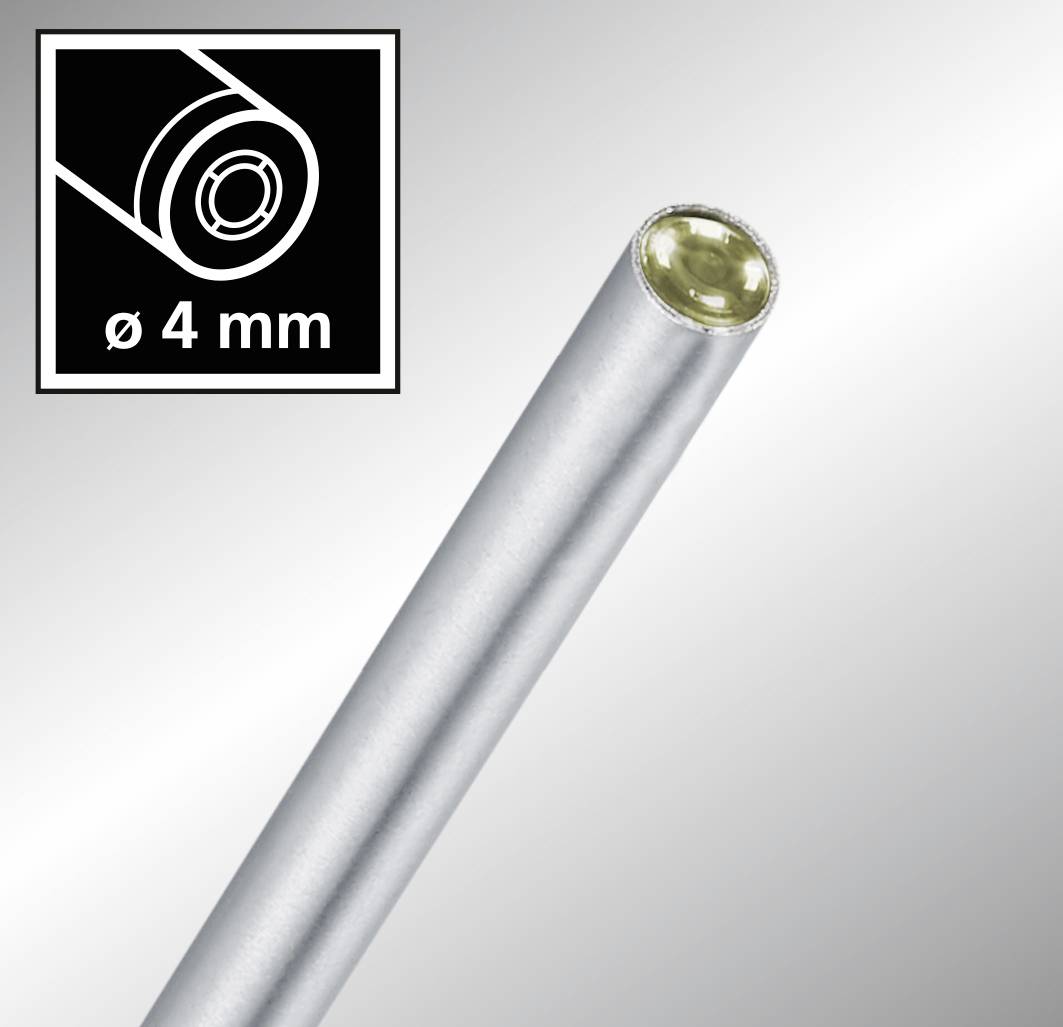 Ein naher Blick auf ein silbernes Rohr mit einem Durchmesser von 4 mm, wie auf der eingeblendeten Grafik oben links angegeben.