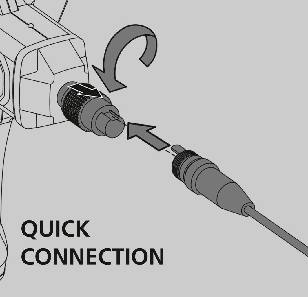 Schematische Darstellung eines Steckers, der mit einem Gerät verbunden wird, mit Pfeilen, die die Richtung der Verbindung anzeigen. Text: 'Quick Connection'.