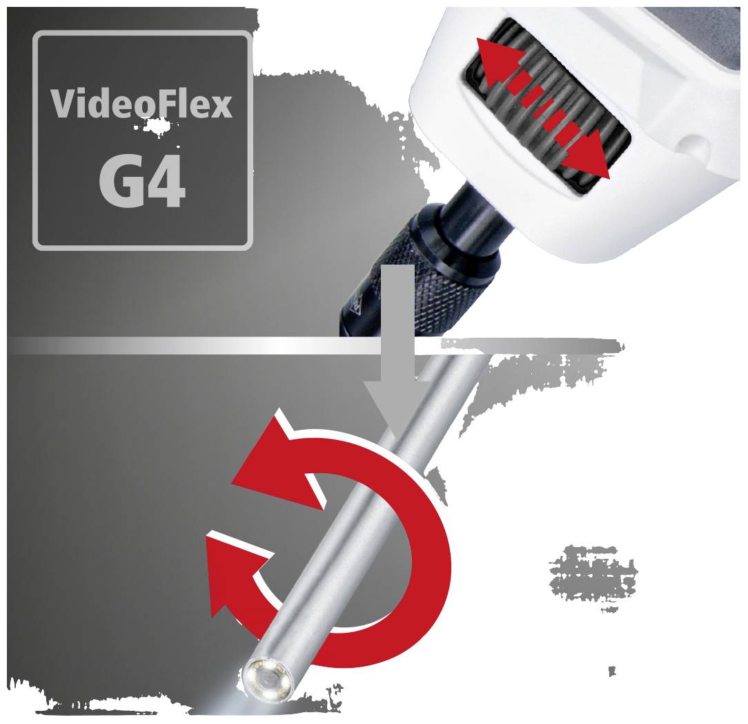 Endoskop-Produktabbildung: 'VideoFlex G4'. Zeigt ein flexibles Rohr mit rotem Pfeil für Beweglichkeit, drehbarem Kopf und Fokus-Einstellung.