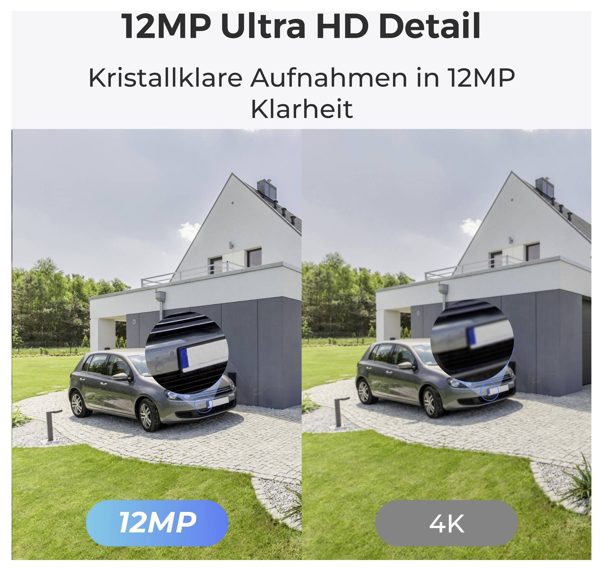 '12MP Ultra HD Detail' mit einem Vergleich der Bildqualität von 12MP und 4K an einem Haus und Auto.