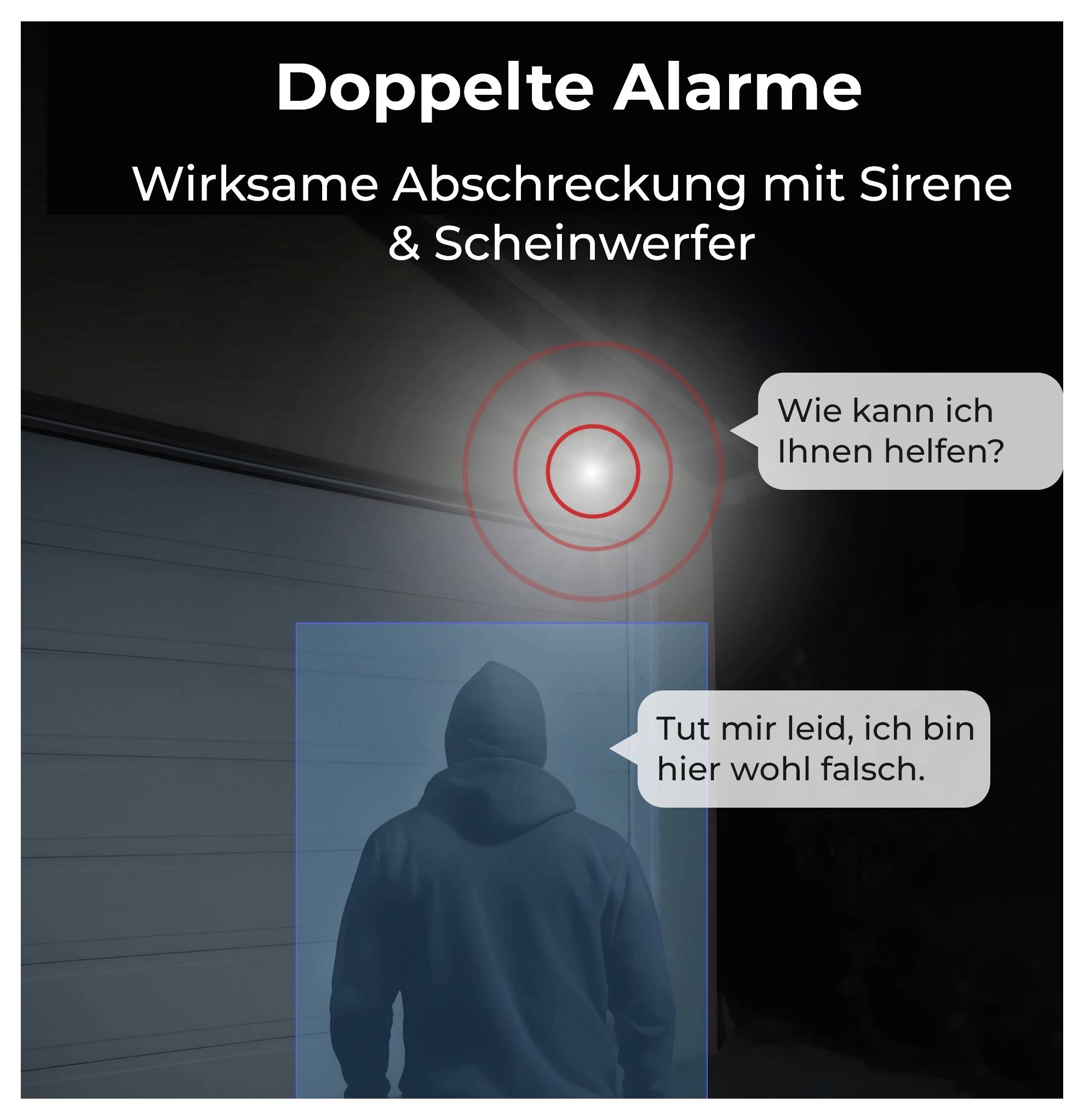 Eine Person in einem Hoodie steht unter einem Licht. Der Text liest sich 