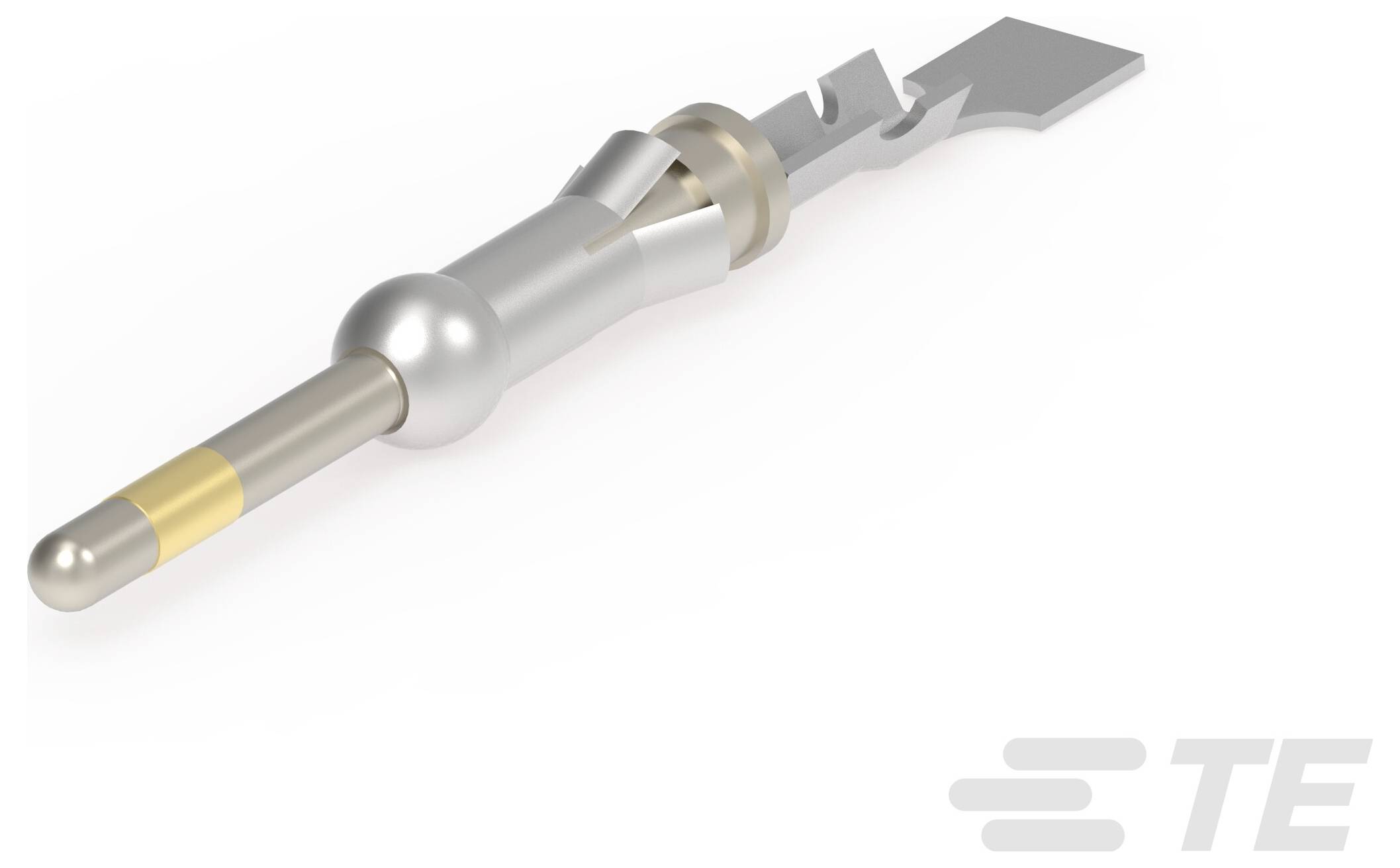 Ein metallischer Steckerstift mit einer Goldspitze und einer gekerbten Basis, verwendet für elektronische Anwendungen, positioniert vor einem weißen Hintergrund.