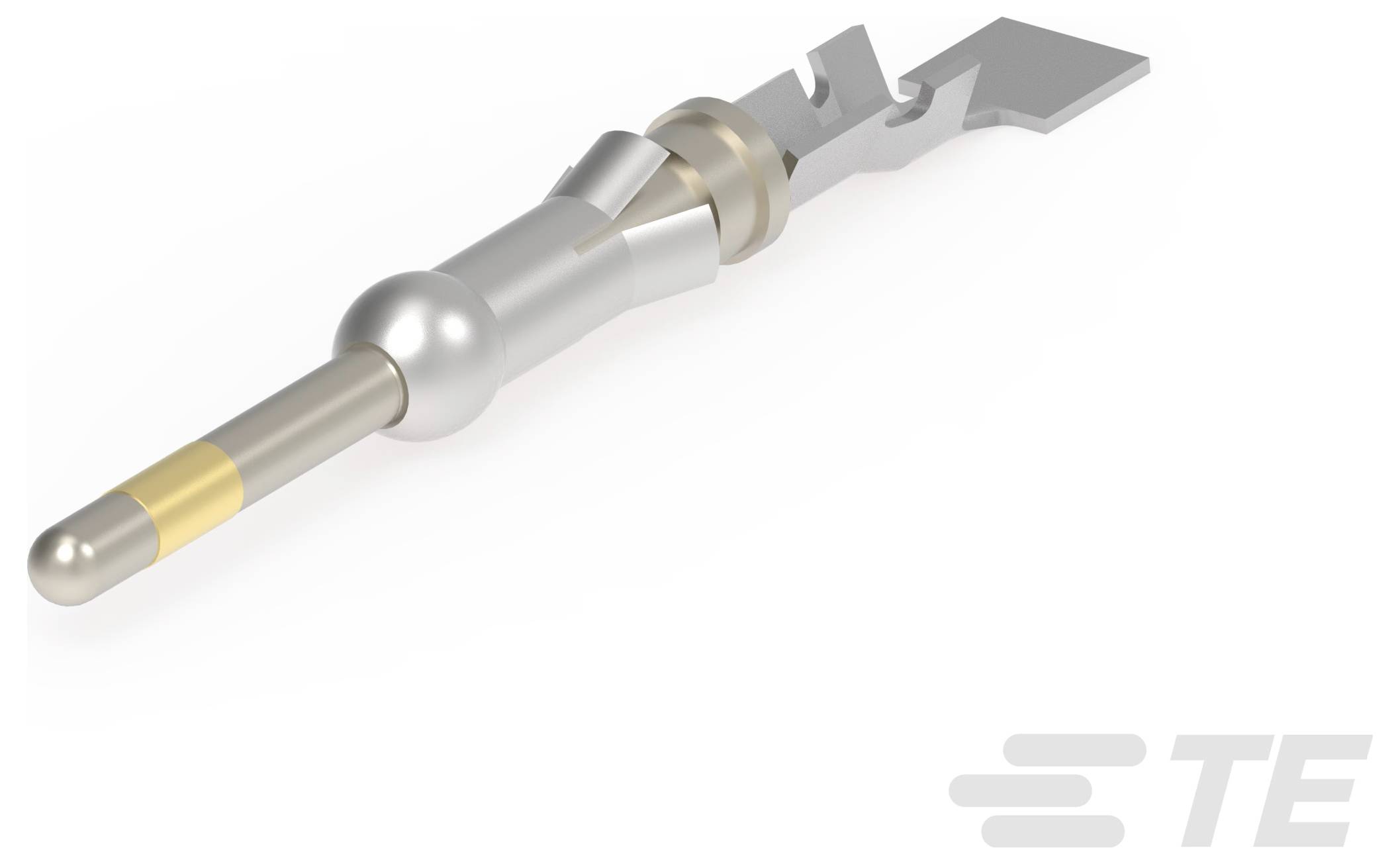 Ein Metallstecker mit zylindrischem Stift und Verriegelungsmechanismus, gekennzeichnet mit dem „TE