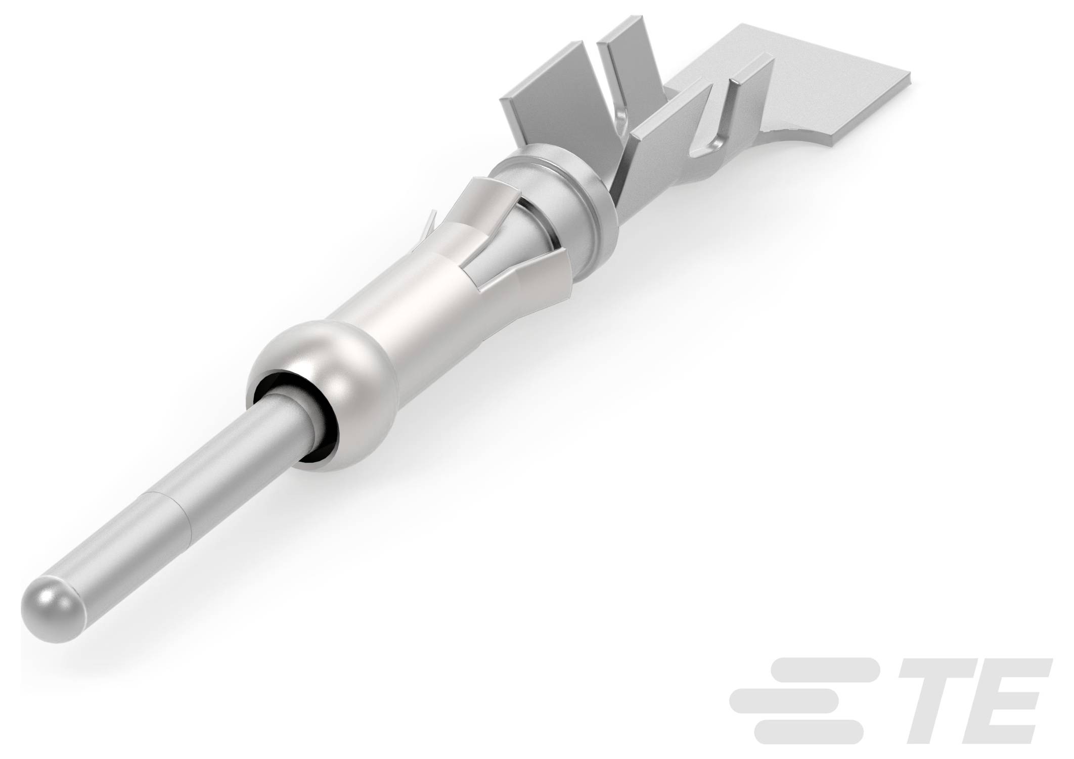 Ein silberner elektrischer Kontaktstift mit zylindrischem Körper und ausgestelltem Ende, mit dem TE-Logo in der unteren rechten Ecke.