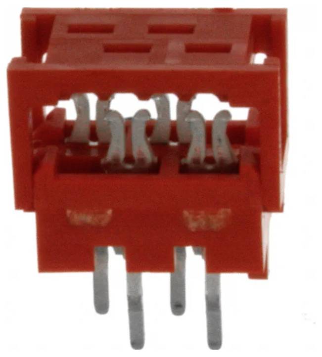 Eine rote elektronische Komponente mit Metallstiften und einer gitterartigen Oberseite, die zum Verbinden von Schaltkreisen verwendet wird.