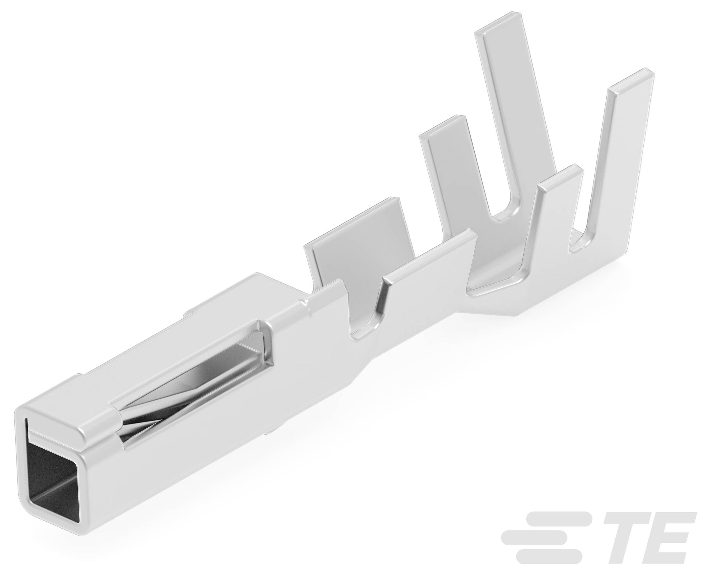 Ein Crimpkontaktstecker mit drei nach außen ragenden Stiften, der für elektrische Verbindungen verwendet wird. TE-Logo in der unteren rechten Ecke.