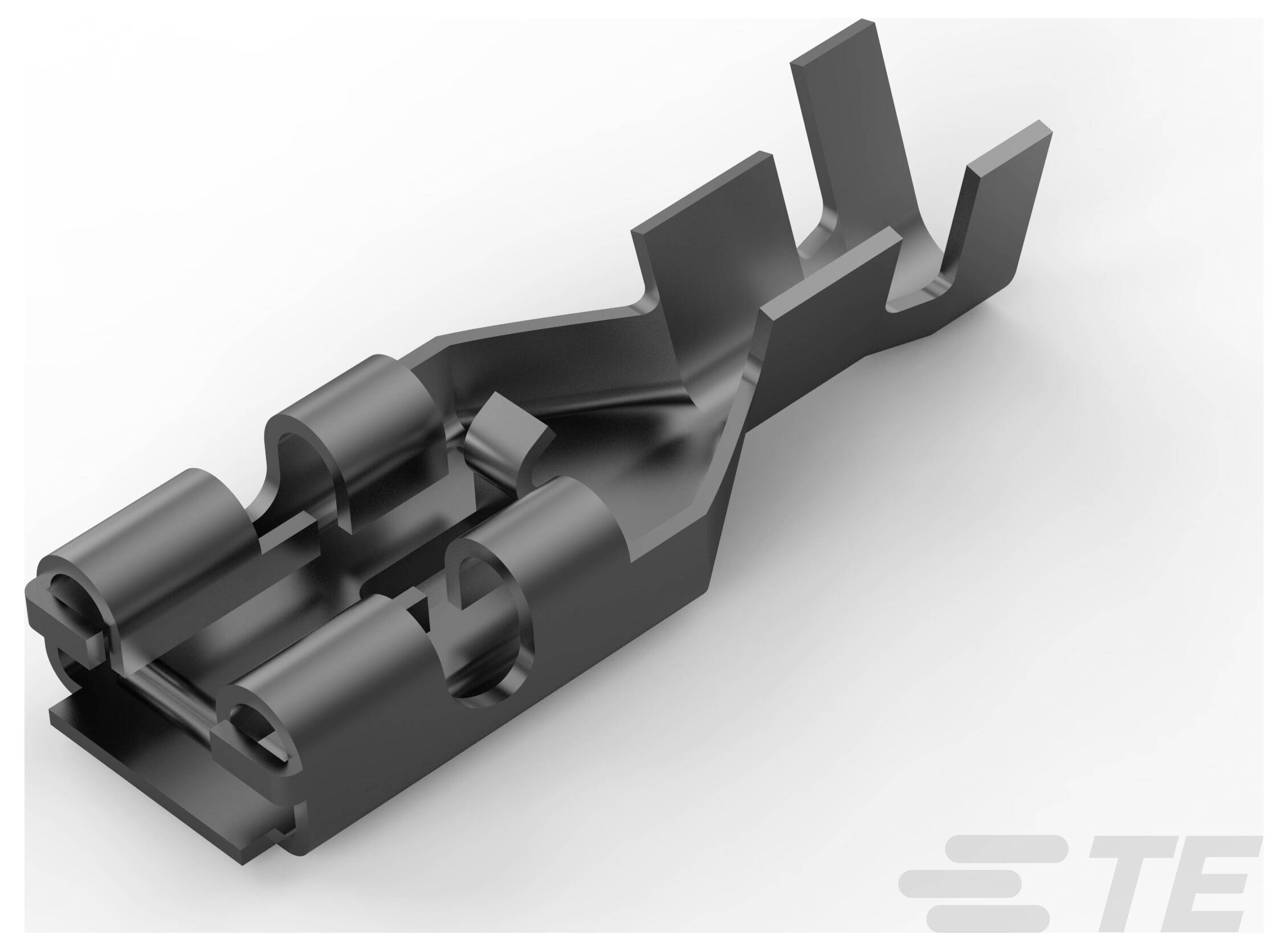Ein schwarzer, 3D-gerenderter Metallverbindungsclip mit gefaltetem, eckigem Design und einem Logo in der unteren rechten Ecke.