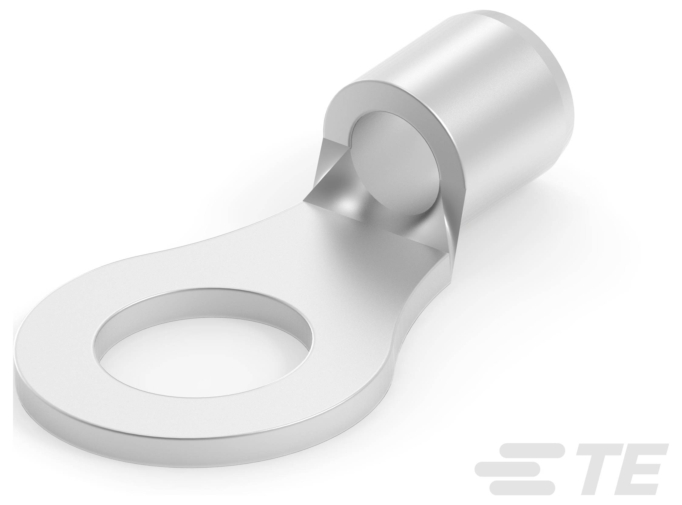 Ringförmige Kabelendverbinder mit ringförmigem Ende, verwendet für elektrische Verbindungen, mit metallischer Oberfläche und dem TE-Logo in der Ecke.
