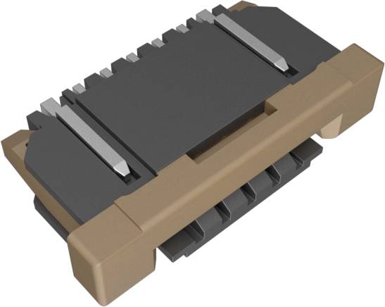 Ein Nahaufnahmebild eines braun-schwarzen elektronischen Steckers mit metallischen Kontaktstiften, von oben betrachtet, das sein kompaktes, eckiges Design hervorhebt.