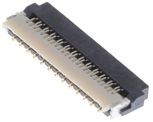 Ein weiß-schwarzer Elektrostecker mit mehreren vergoldeten Stiften, der zum Verbinden von flachen Kabeln mit Leiterplatten verwendet wird.