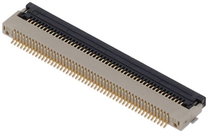 Ein Nahaufnahmebild eines 40-poligen FFC-Steckverbinders (Flexible Flat Cable), der seine vergoldeten Kontakte und seinen schwarzen Verriegelungsmechanismus zeigt.