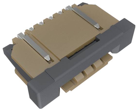 „Eine 3D-Darstellung eines elektronischen Steckers mit einem braun-grauen Farbschema, der mehrere Stifte und eine rechteckige Form zeigt.