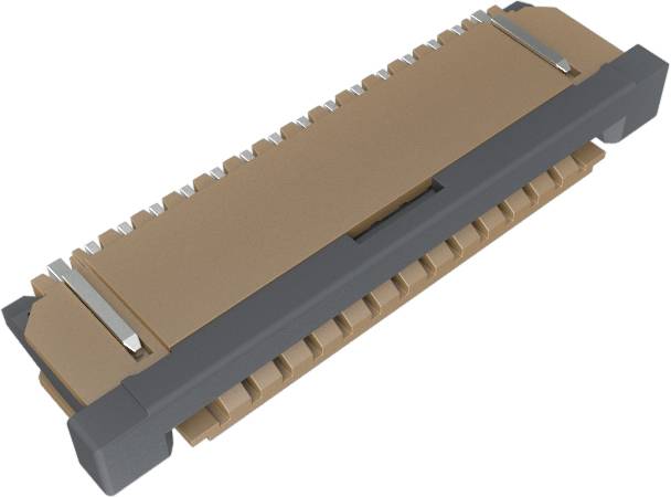 Ein brauner und grauer Computerstecker mit mehreren Metallstiften auf der Oberseite, der zum Anschließen an eine Leiterplatte verwendet wird.
