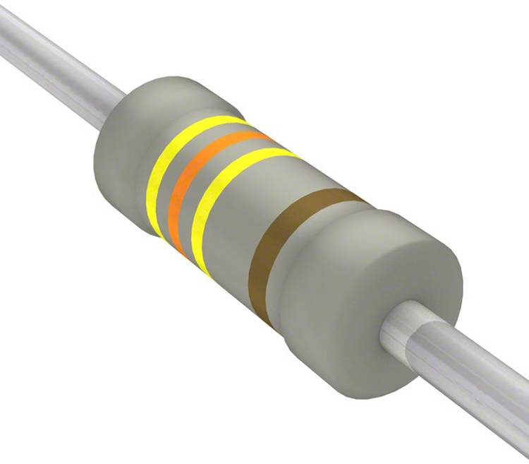 Ein zylindrischer Widerstand mit farbigen Bändern: gelb, gelb, orange und braun, die seinen Widerstandswert in elektrischen Schaltkreisen anzeigen.