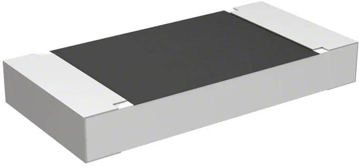 Eine kleine rechteckige elektronische Komponente mit einem schwarzen zentralen Bereich und metallischen Enden, wahrscheinlich ein oberflächenmontierbarer Widerstand oder Kondensator.