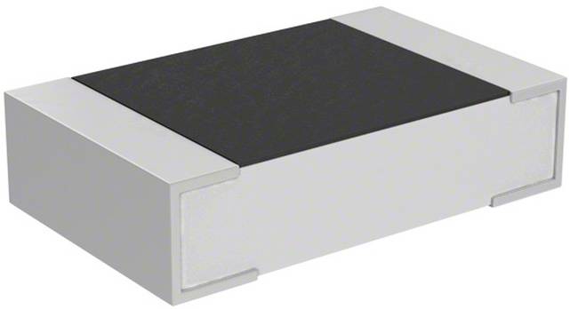 Ein kleines, rechteckiges elektronisches Bauteil mit metallischen Seiten und einer schwarzen Oberseite, vermutlich ein Schichtwiderstand, der in elektronischen Schaltungen verwendet wird.