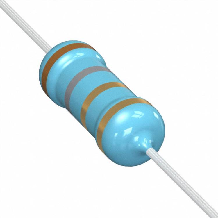 Ein blauer zylindrischer Widerstand mit farbigen Bändern, die Widerstandswerte anzeigen, wird in elektronischen Schaltkreisen zur Strombegrenzung verwendet.