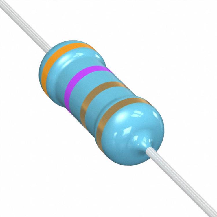 Ein blauer zylindrischer Widerstand mit Farbringen: orange, blau, rosa, braun, blau. Die Ringe geben den Widerstandswert des Widerstands an.