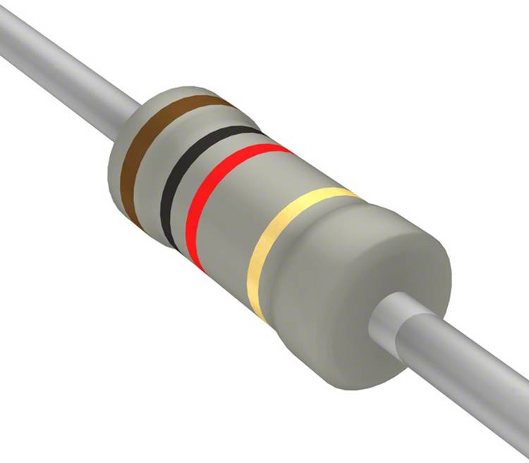 Ein Widerstand mit farbigen Bändern, die seinen Widerstandswert anzeigen, typischerweise in elektronischen Schaltkreisen verwendet.