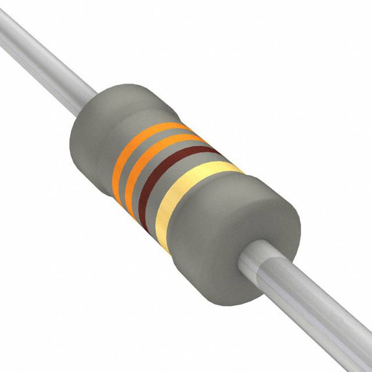 Ein zylindrischer Widerstand mit farbigen Ringen, die seinen Widerstandswert anzeigen, einschließlich orange, schwarzer, brauner und goldener Ringe.