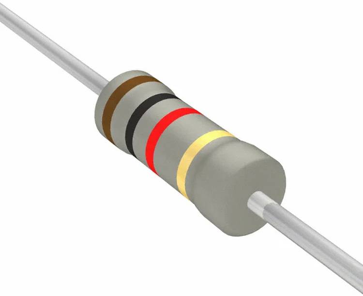 Ein zylindrischer elektronischer Widerstand mit Farbbändern: braun, schwarz, rot und gold, die seinen Widerstandswert und die Toleranz anzeigen.