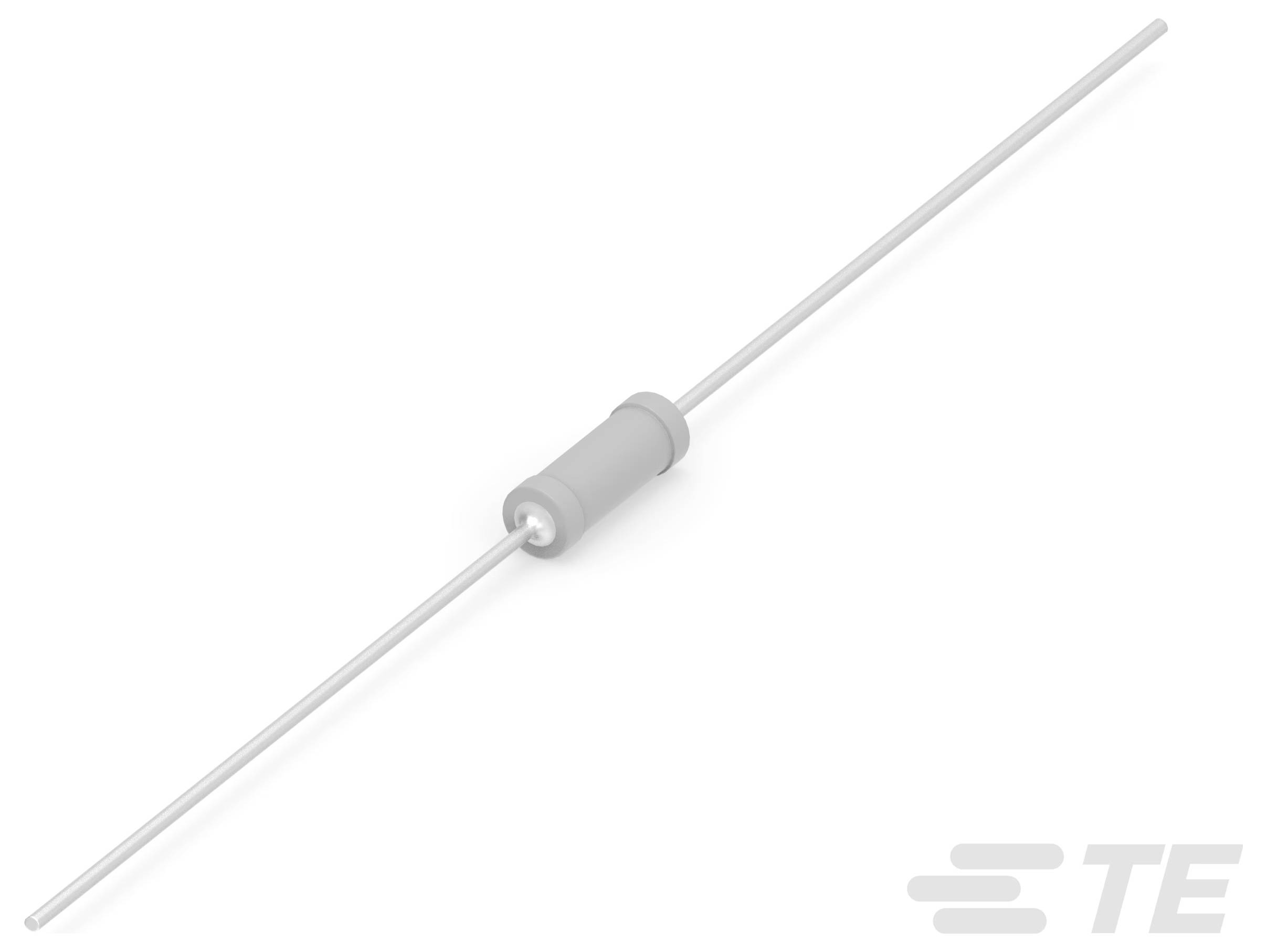 Eine zylindrische elektronische Komponente mit zwei langen Metalldrähten, die häufig in Schaltkreisen verwendet wird, auf weißem Hintergrund dargestellt.