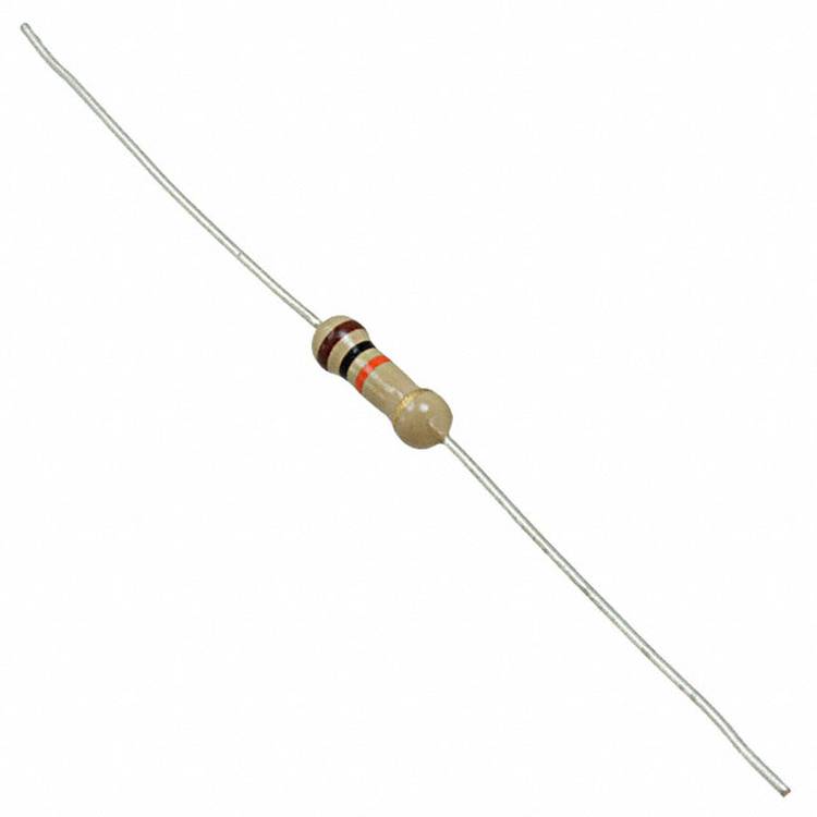 Ein zylindrischer Widerstand mit farbigen Bändern, die den Widerstandswert anzeigen, liegt diagonal positioniert und zeigt dünne Metalldrähte, die sich von jedem Ende erstrecken.
