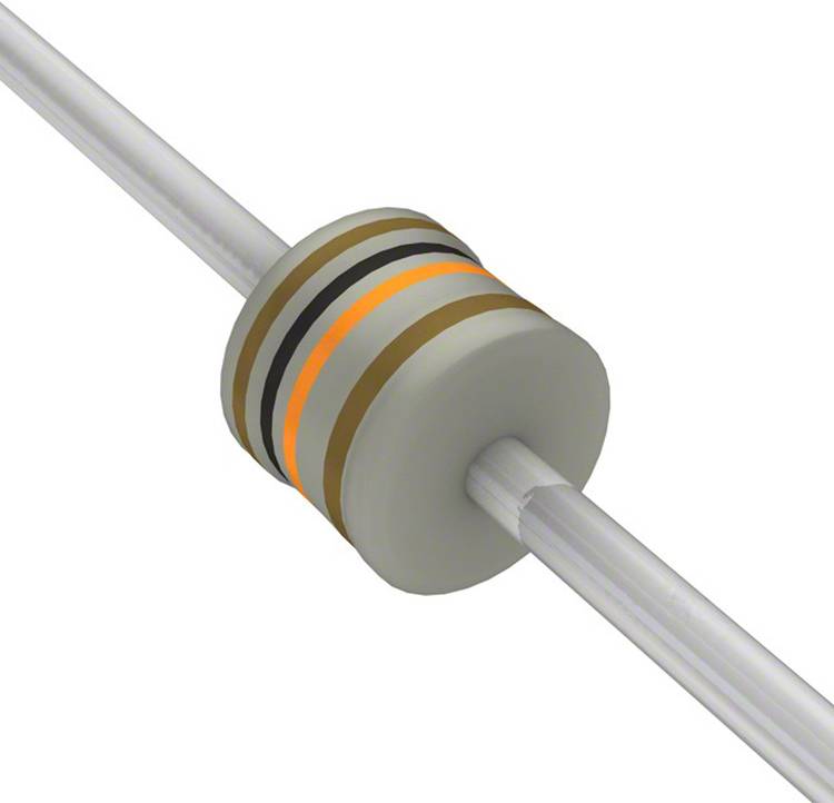 Ein Widerstand mit Farbringen: braun, schwarz, orange, gold, der einen Widerstandswert von 10k Ohm mit einer Toleranz von 5% anzeigt.